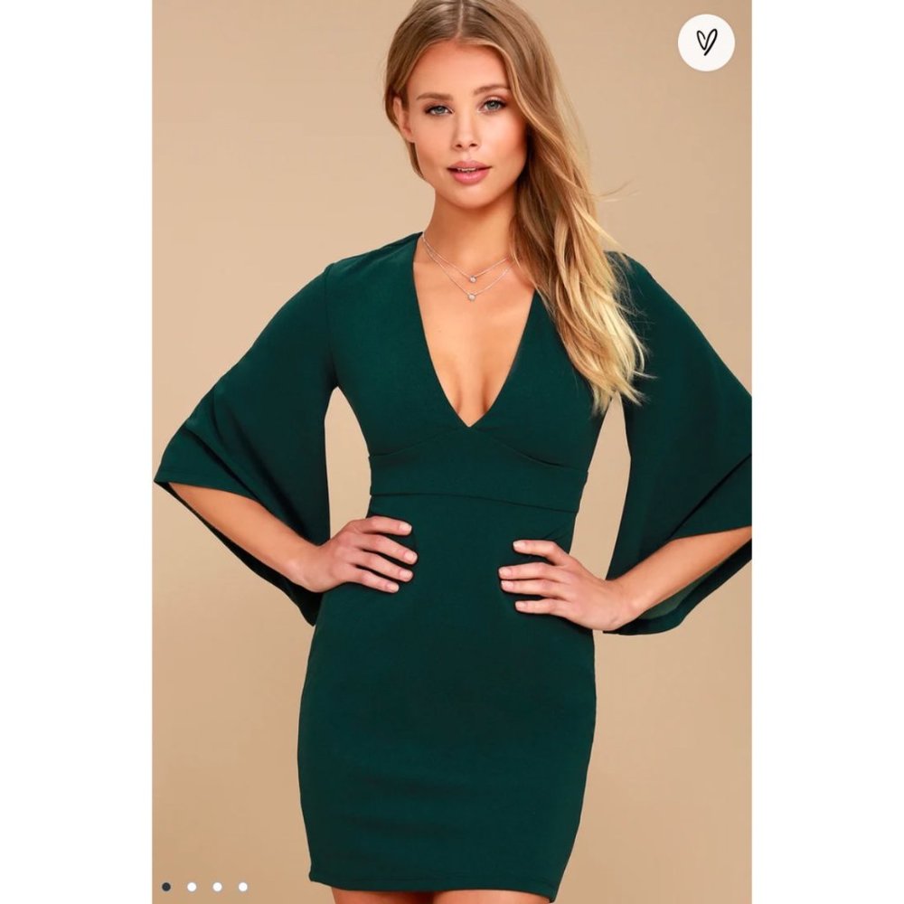 LuLu's Forest Green Bell Sleeve Bodycon Dress in Size S